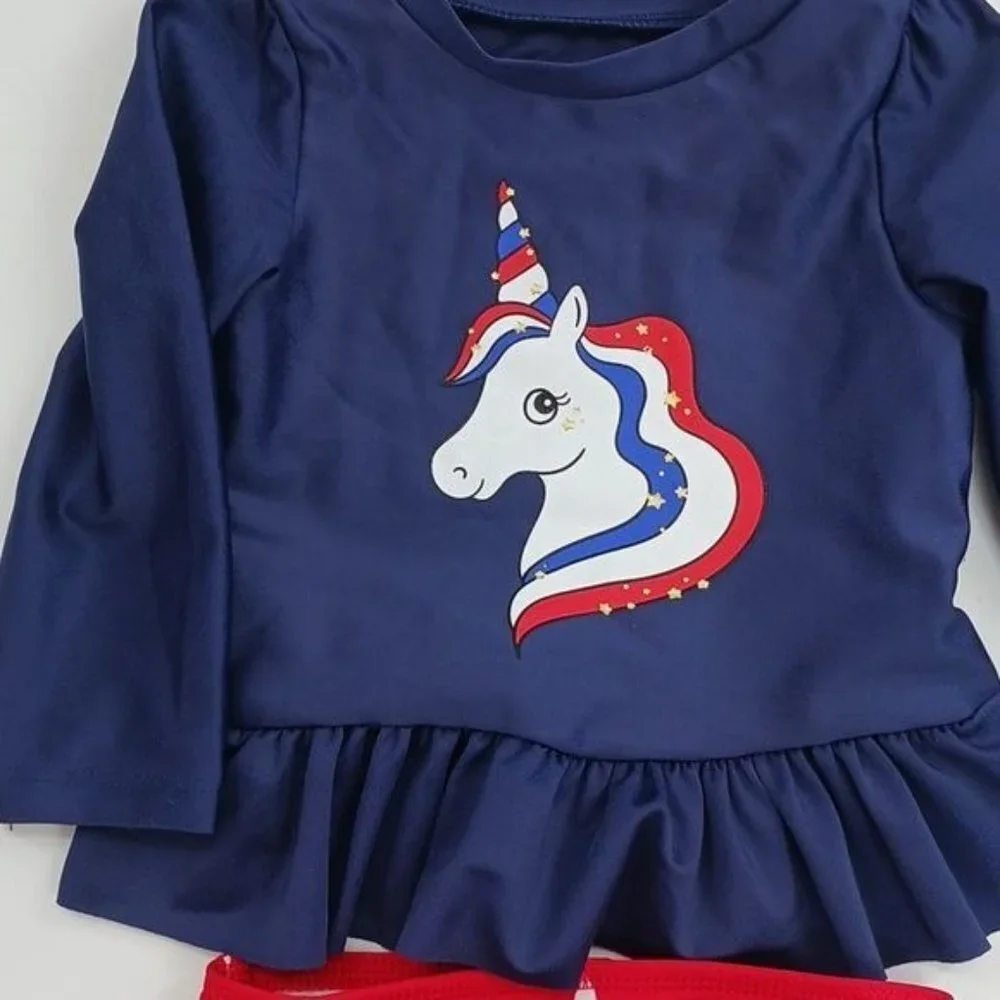 Cat & Jack Swimsuit Red White Blue Patriotic Unicorn 2 Piece Baby Girl Size 12M